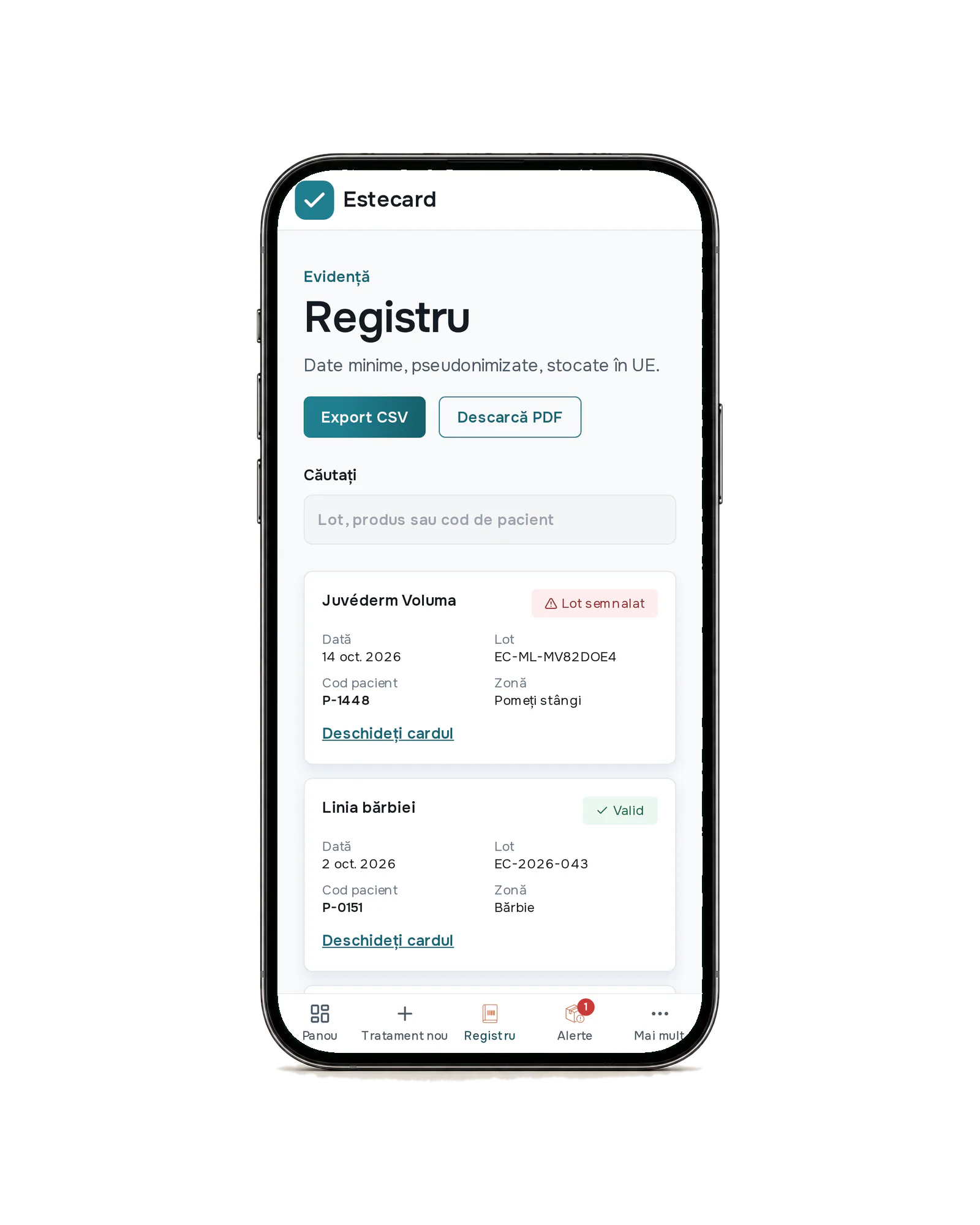 Telefon cu registrul clinicii: lista de tratamente, cu produs, cod, zonă și dată.